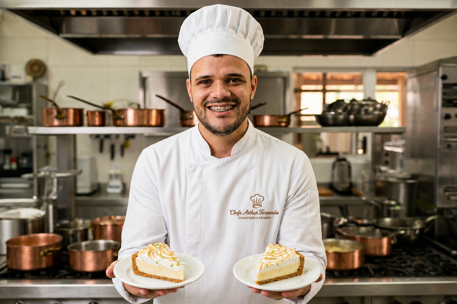 Chefe Arthur segurando dois pedaços de torta de limão