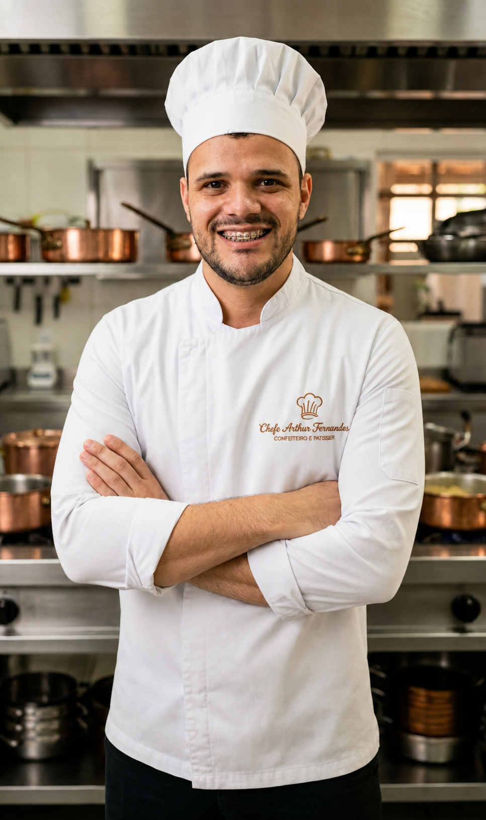 Chefe Arthur sorrindo com os braços cruzados em sua cozinha